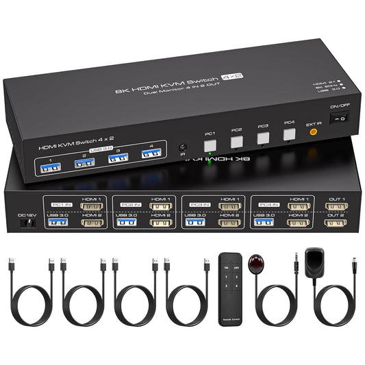 HDMI KVM Switch for 4 Computers and 2 Monitors with 8K Support