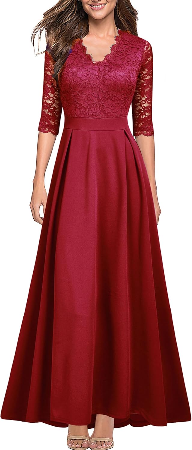 Elegant Women's V Neck Lace Vintage Formal Bridesmaid Dress