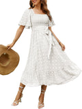 Amegoya Boho Flowy Square Neck Floral Midi Dress - Flattering Smocked