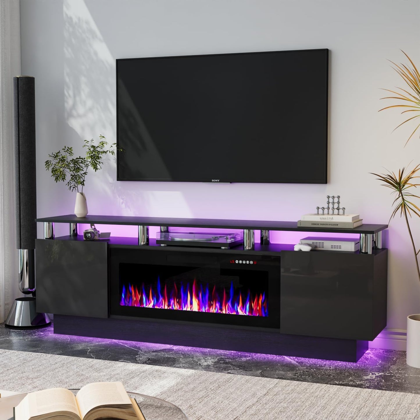 Modern 70 Black Fireplace TV Stand - Entertainment Center for TVs Up to 80
