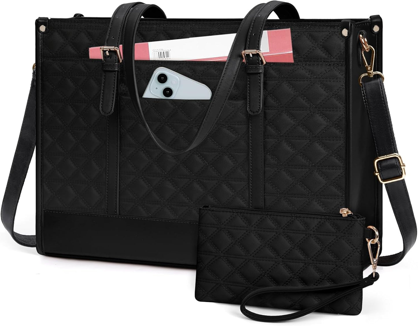 Stylish Vegan Leather Laptop Bag for Women 15.6 Inch Quilted