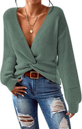 Pink Queen Women's Casual V Neck Twist Knot Cropped Sweater - Soft Fit
