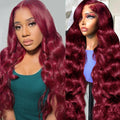 24 Inch 99j Burgundy Lace Front Wig Human Hair - Natural Body Wave