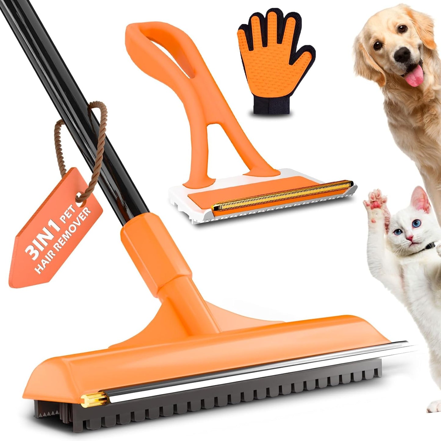 Carpet Rake for Pet Hair Removal - 3 in 1 Tool with 58 in Handle