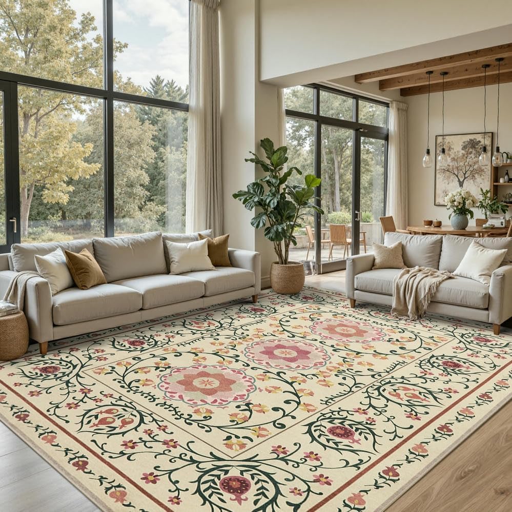 Floral Rug for Living Room Bedroom, Vintage Boho Style 8x10