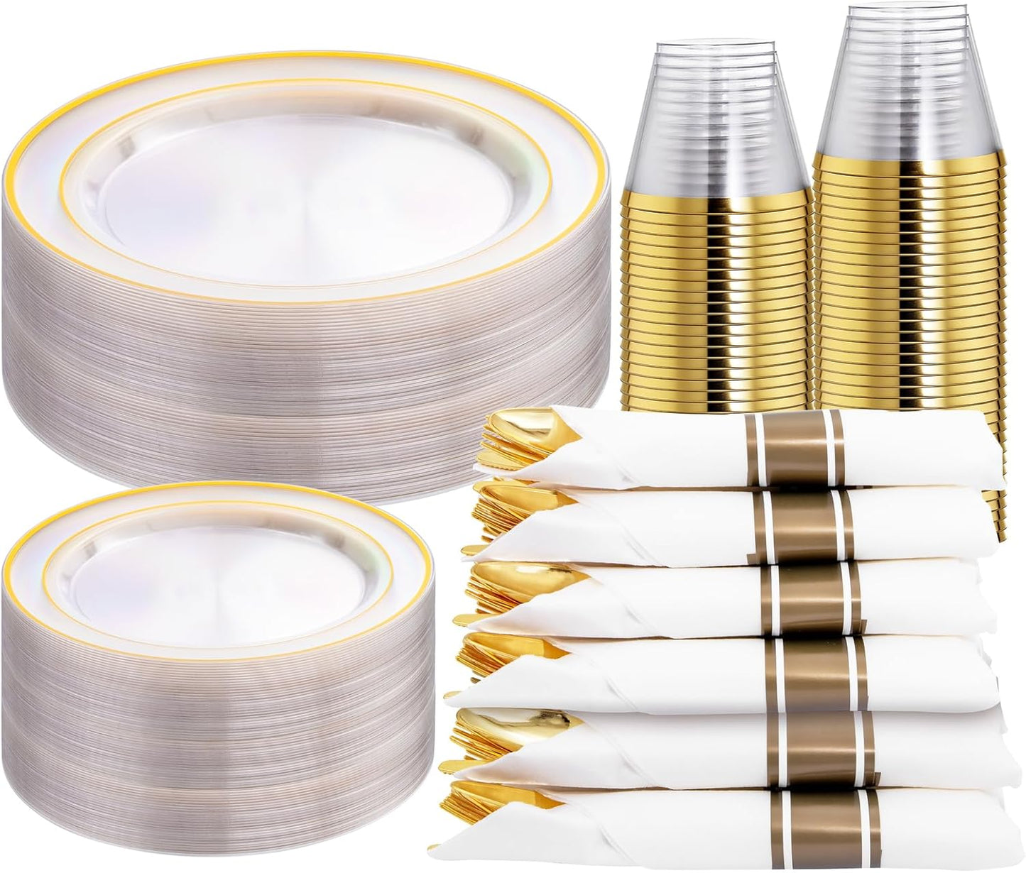 Elegant Clear-Gold Plastic Plates Set for 30 Guests - 210PCS
