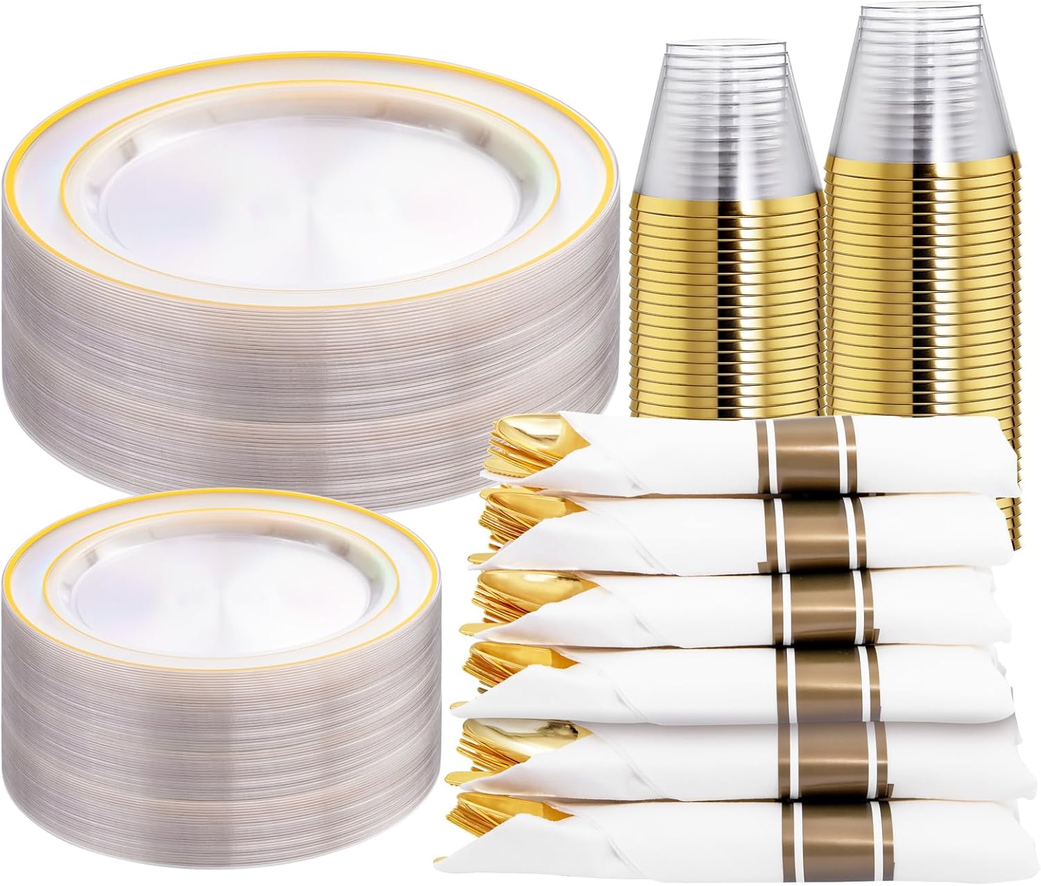Elegant Clear-Gold Plastic Plates Set for 30 Guests - 210PCS