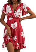 TORARY Womens Floral Cap Sleeve Wrap V Neck Ruffle A-Line Dress