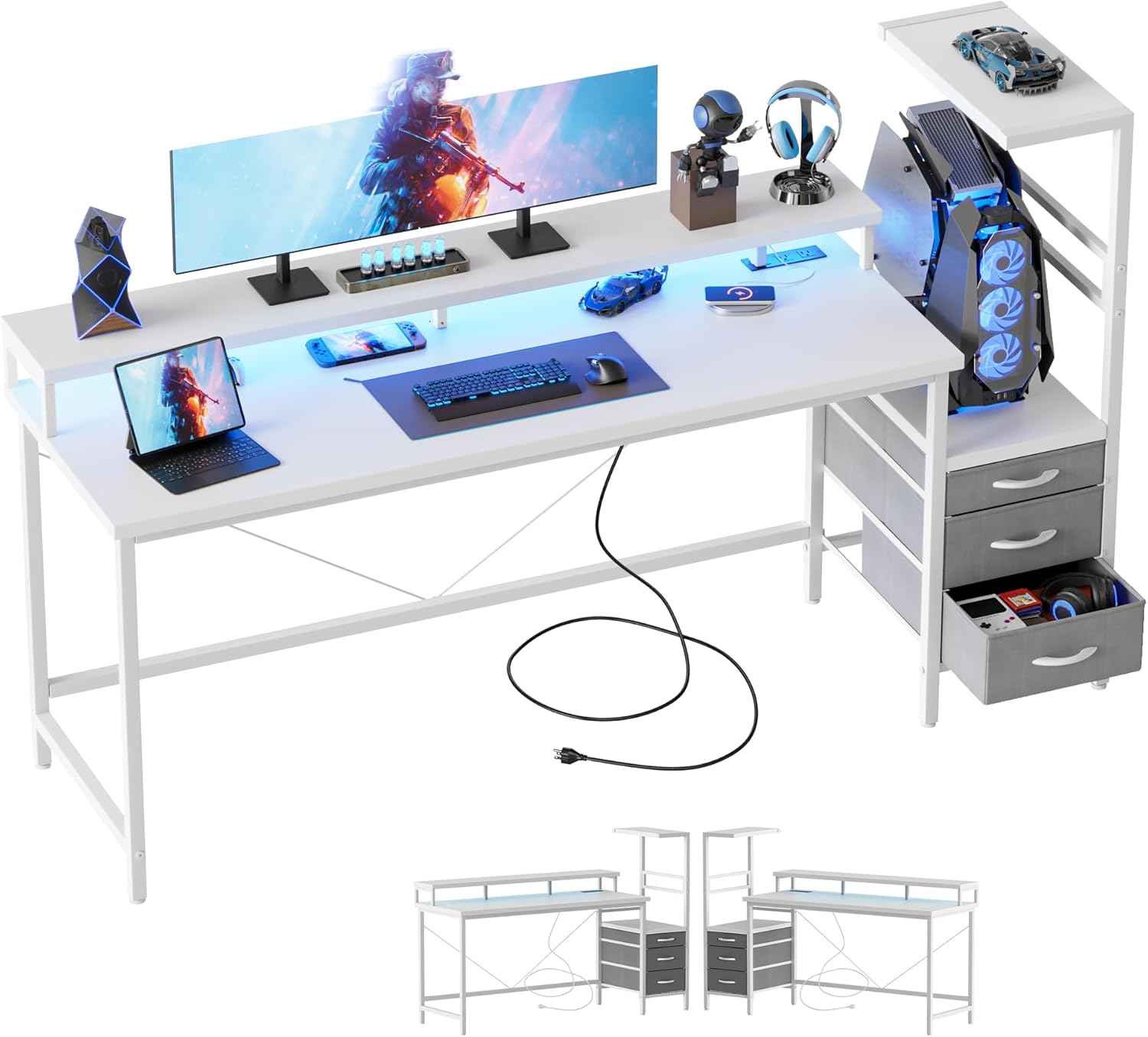 Mericonia Gaming Desk with LED Lights and Power Outlets