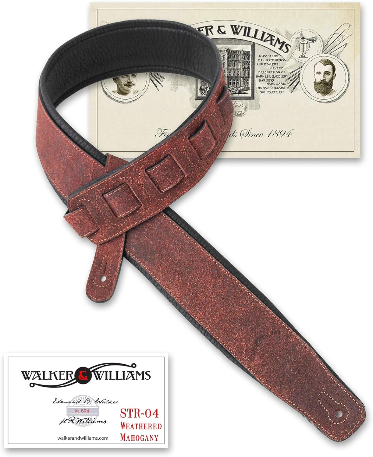 Walker & Williams STR-04 Distressed Mahogany Brown Guitar Strap