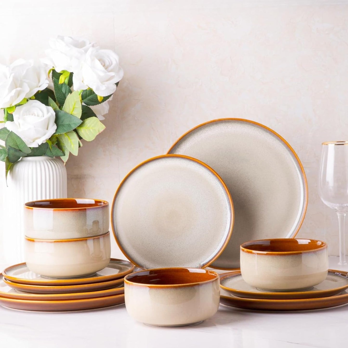LeRatio Ceramic Dinnerware Set for 4, 12-Piece Stylish Dishes