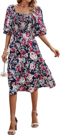 Women's Summer Puff Sleeve Square Neck Floral Smocked Midi Dress