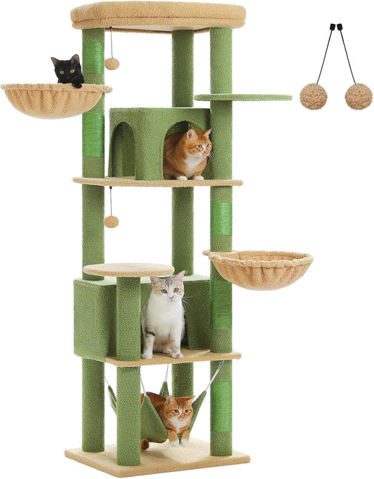 Tall Cactus Cat Tree for Indoor Cats with Spacious Condos