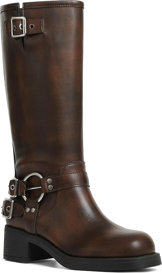 Knee High Boots Women Square Toe Pull On Wide Calf Riding Style