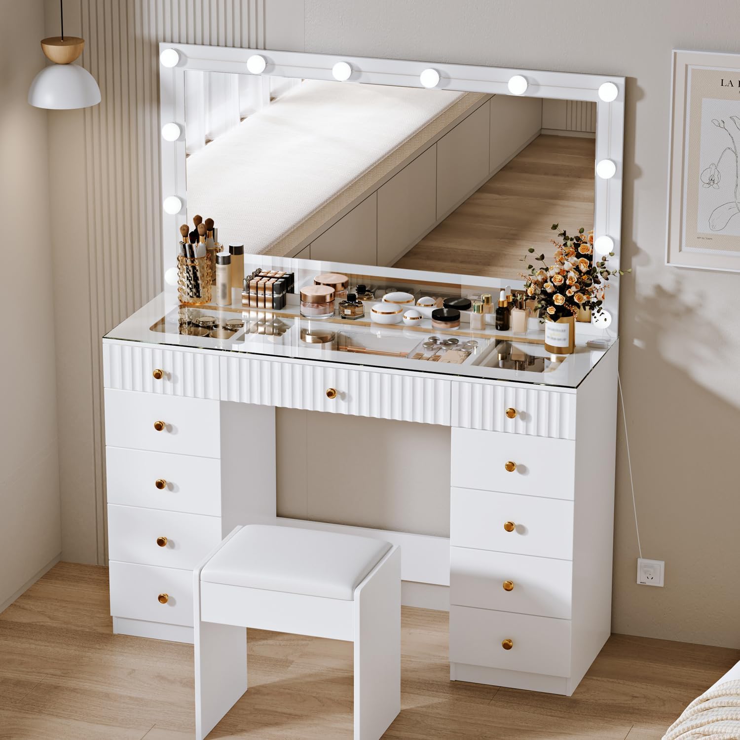 Modern White Vanity Set: 11 Drawers, Glass Top