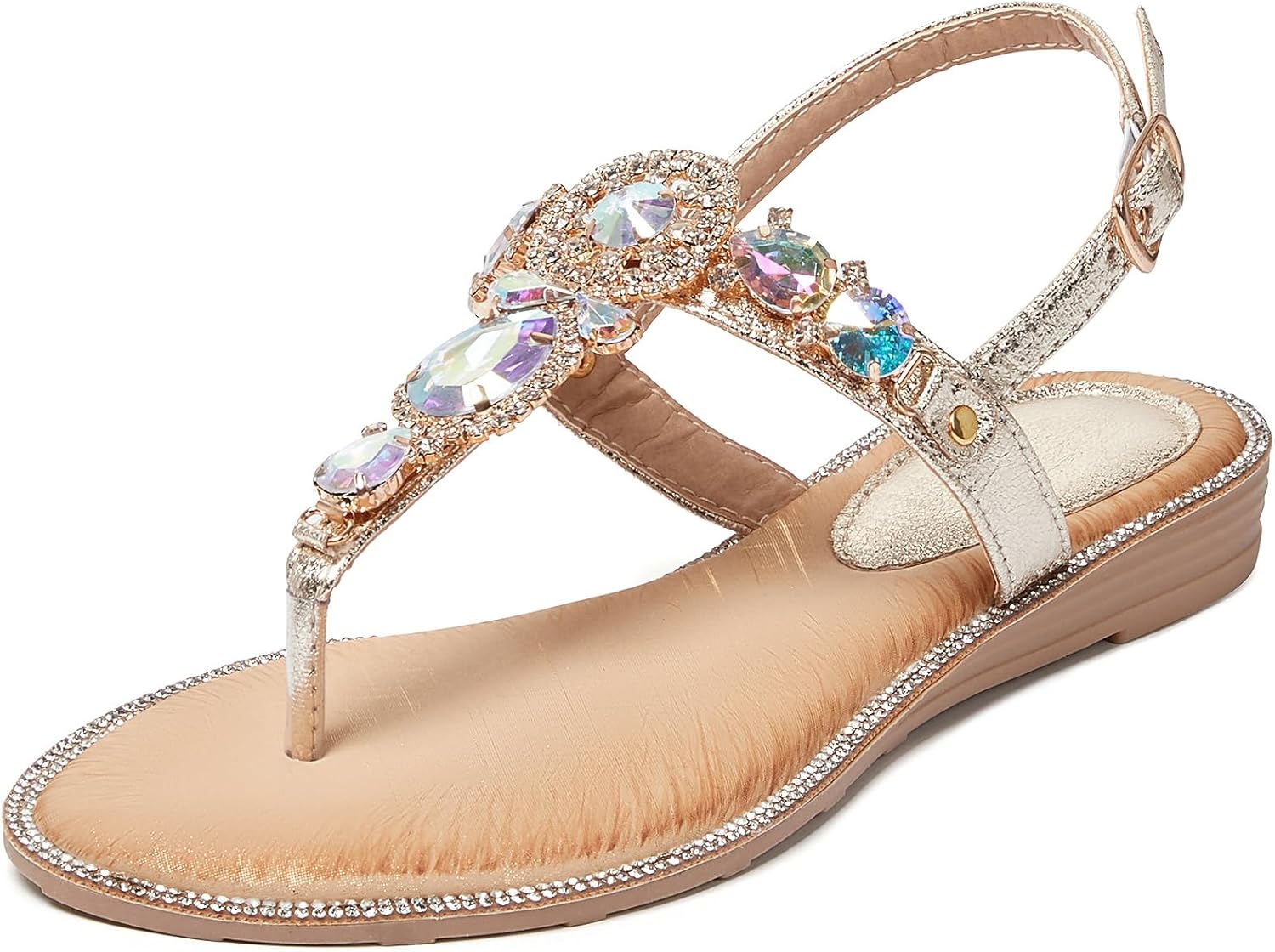 iCKER Women Rhinestone Sandals T-Strap Buckle Bohemian Style