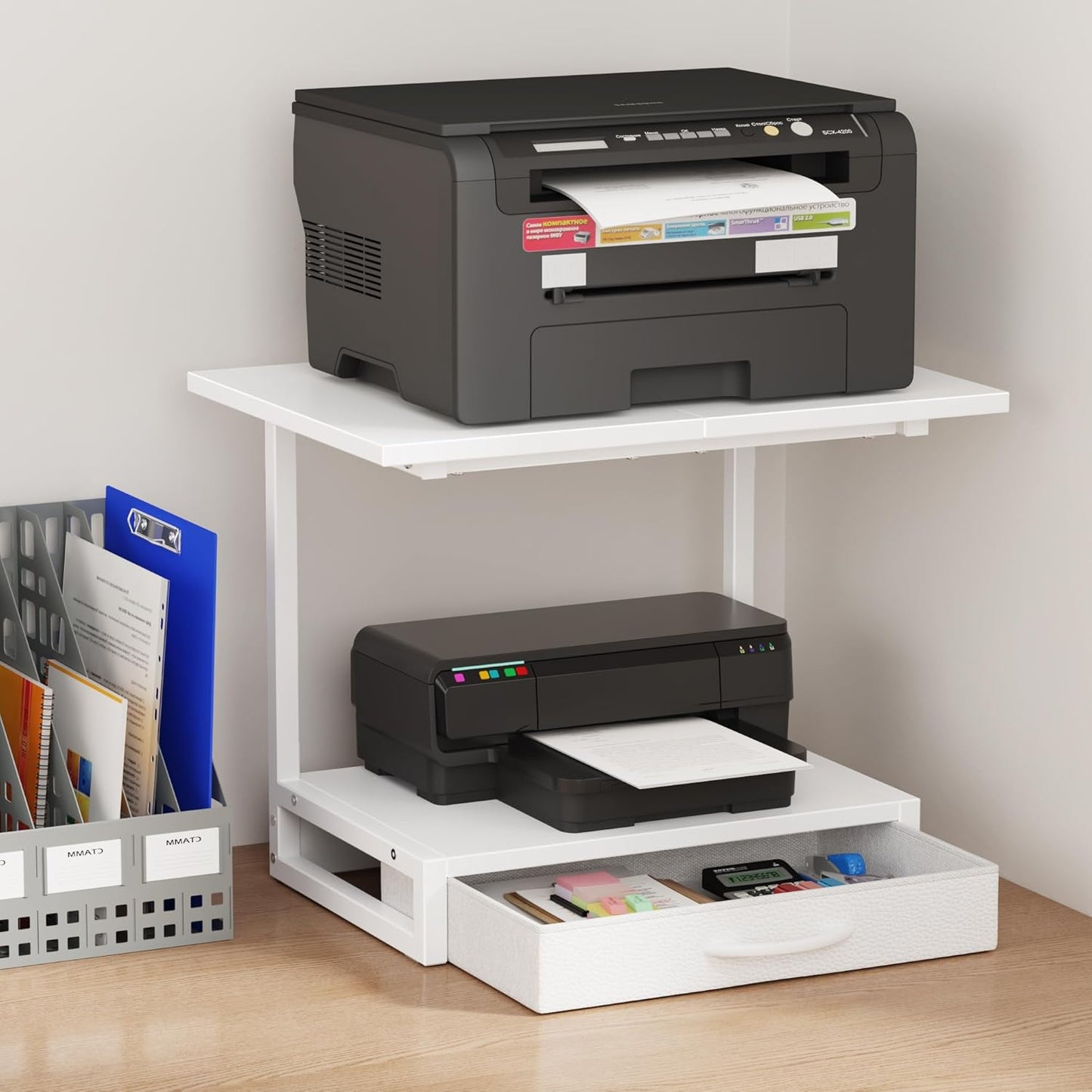 2-Tier Desktop Printer Stand with Drawer for Home Office Use