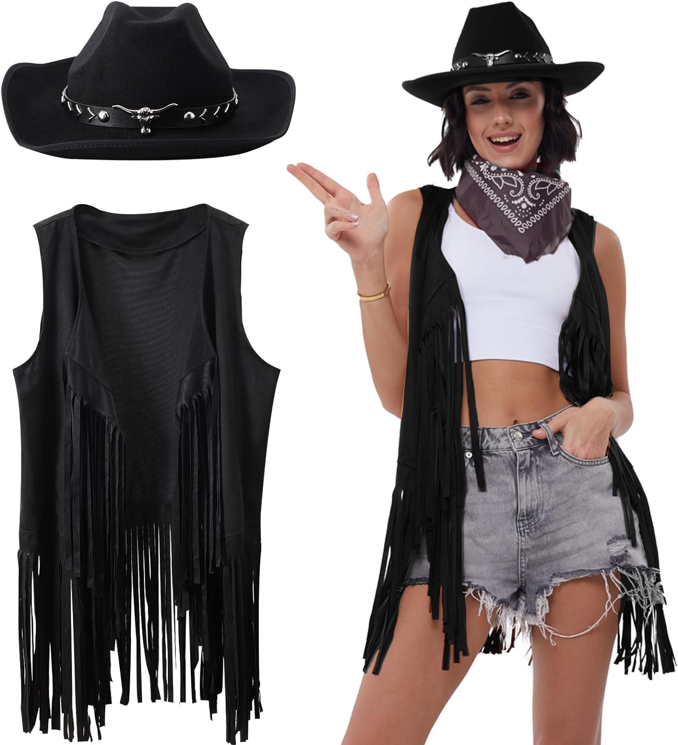 Western Outfits for Women with Cowgirl Tassel Vest and Hat