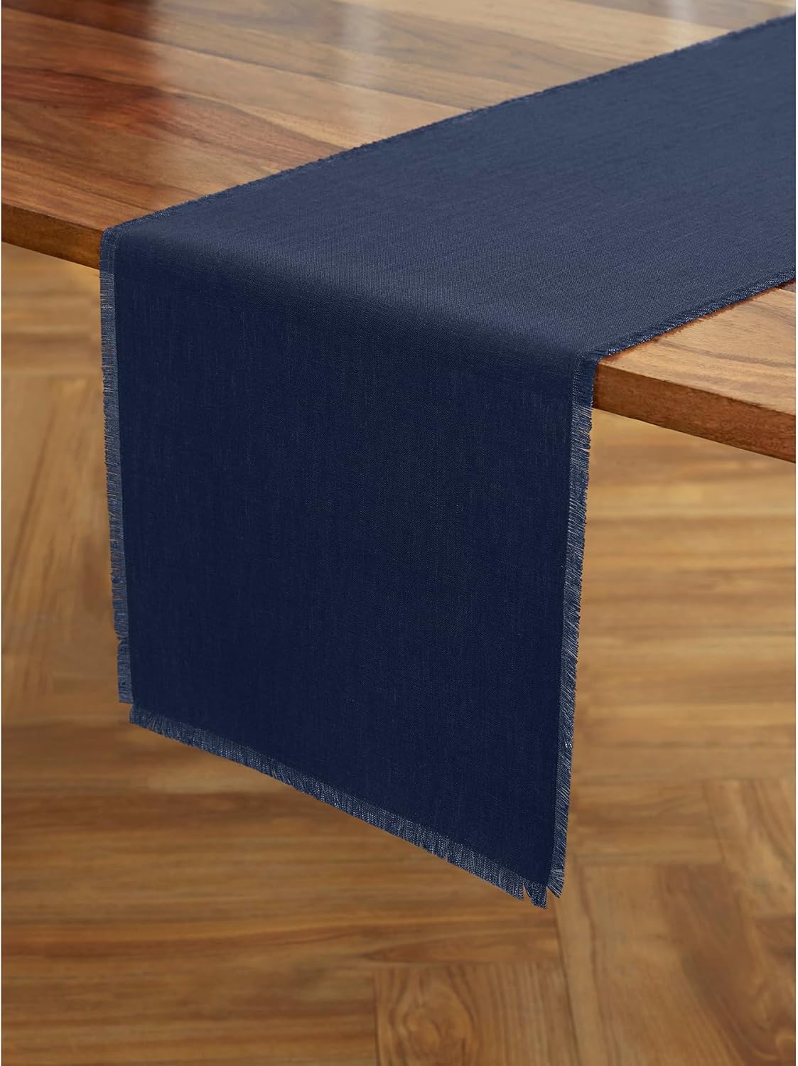 Navy Blue Table Runner 90 Inches Long - Pure Linen Fringe Design