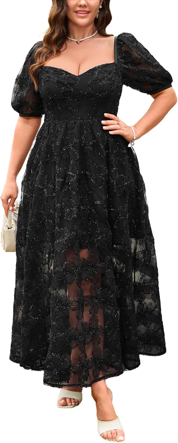 Elegant Women's 2025 Cocktail Dress with 3D Lace and Puff Sleeves