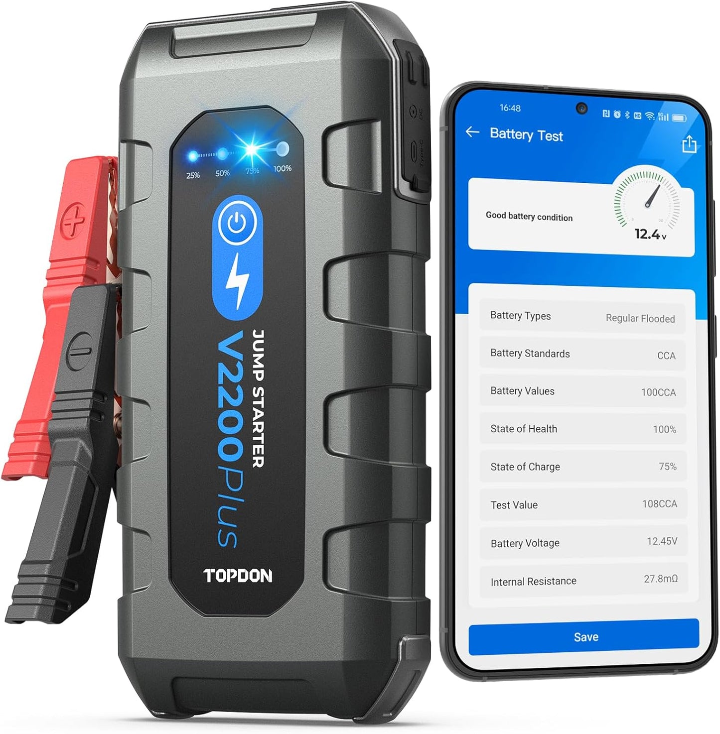 TOPDON 2-in-1 Car Battery Jump Starter and Tester for Vehicles