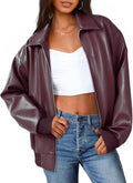 Women's Oversized Faux Leather Jacket - Fall Winter Zip Up Moto