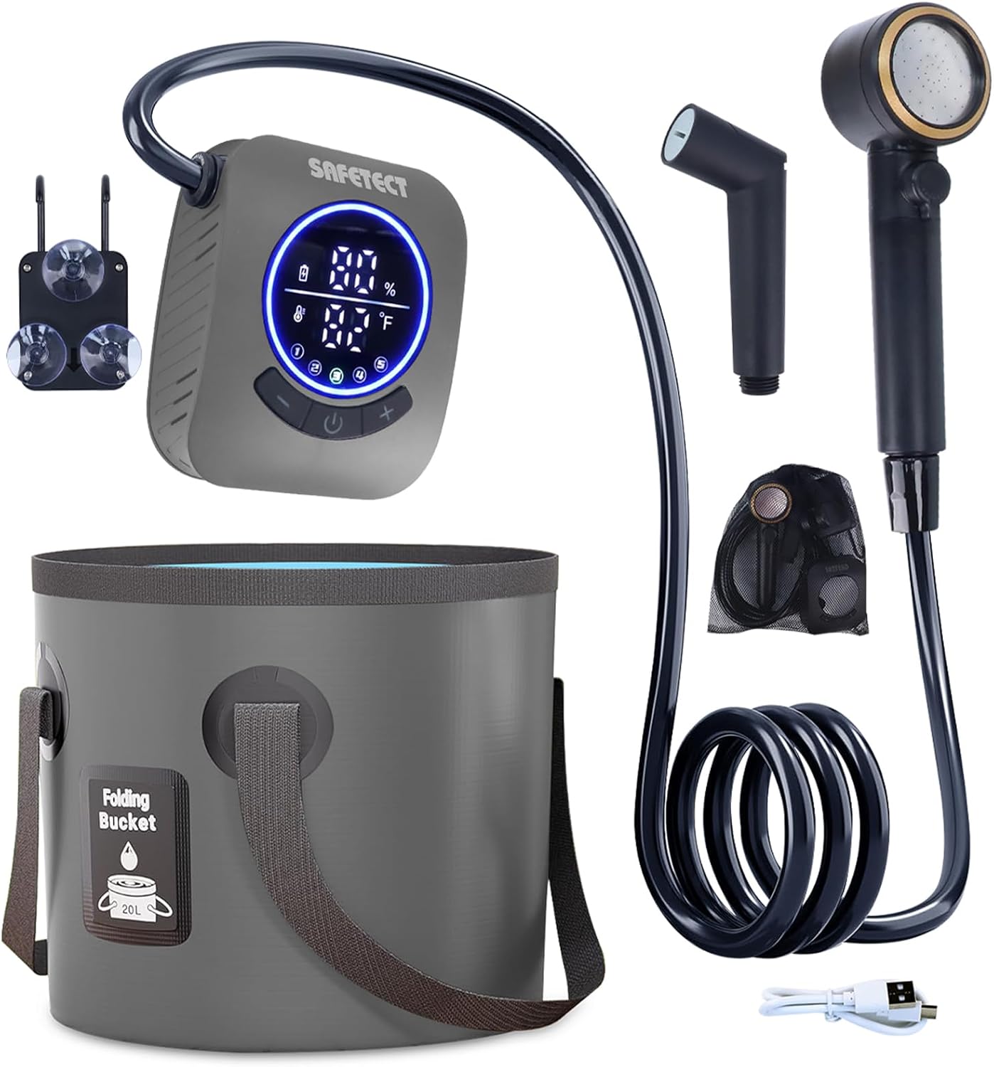 Portable Shower Pump for Camping with 20L Bucket and 5 Modes