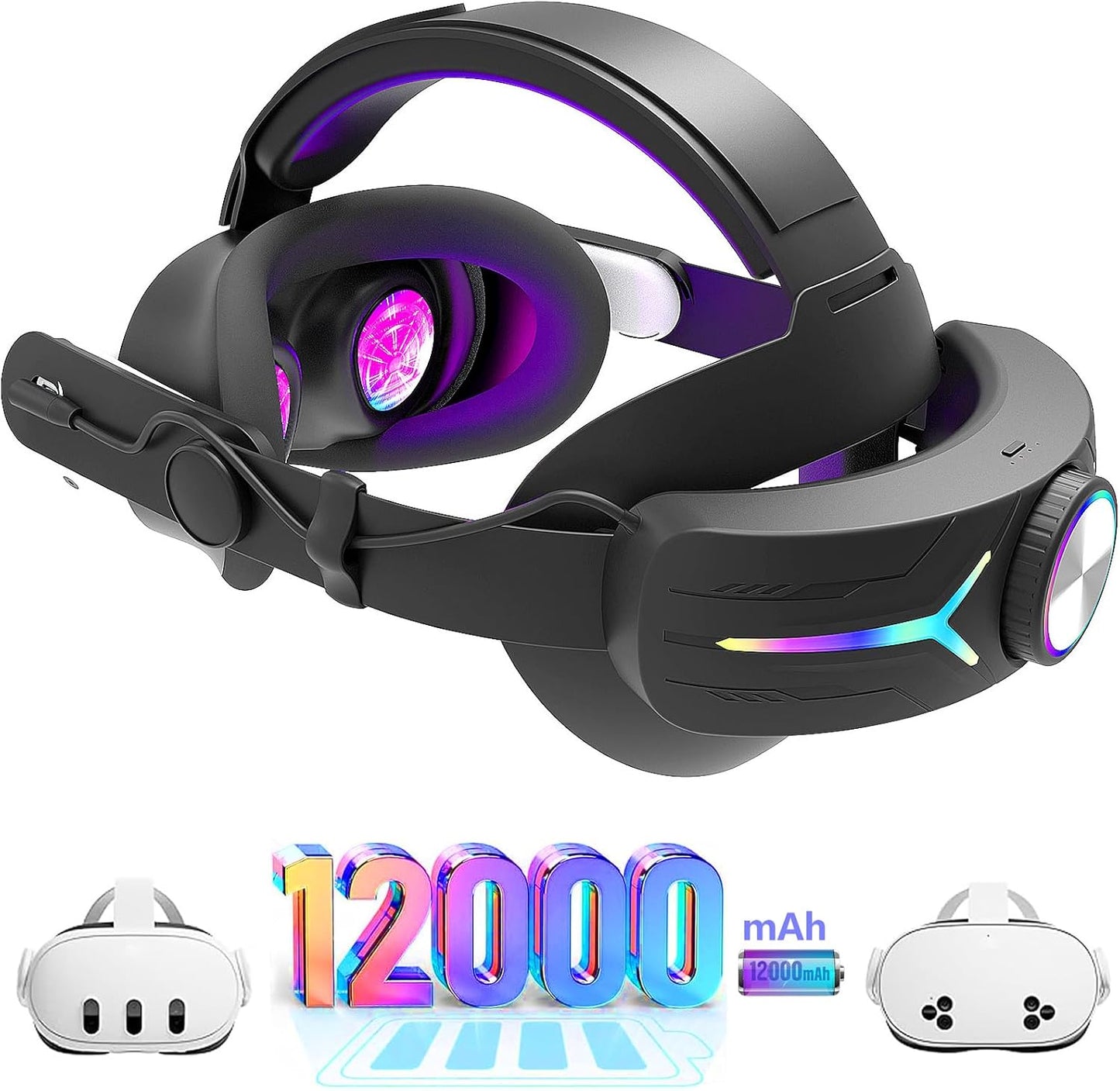 Head Strap for Meta Quest 3s with 12000mAh Battery & RGB Lights