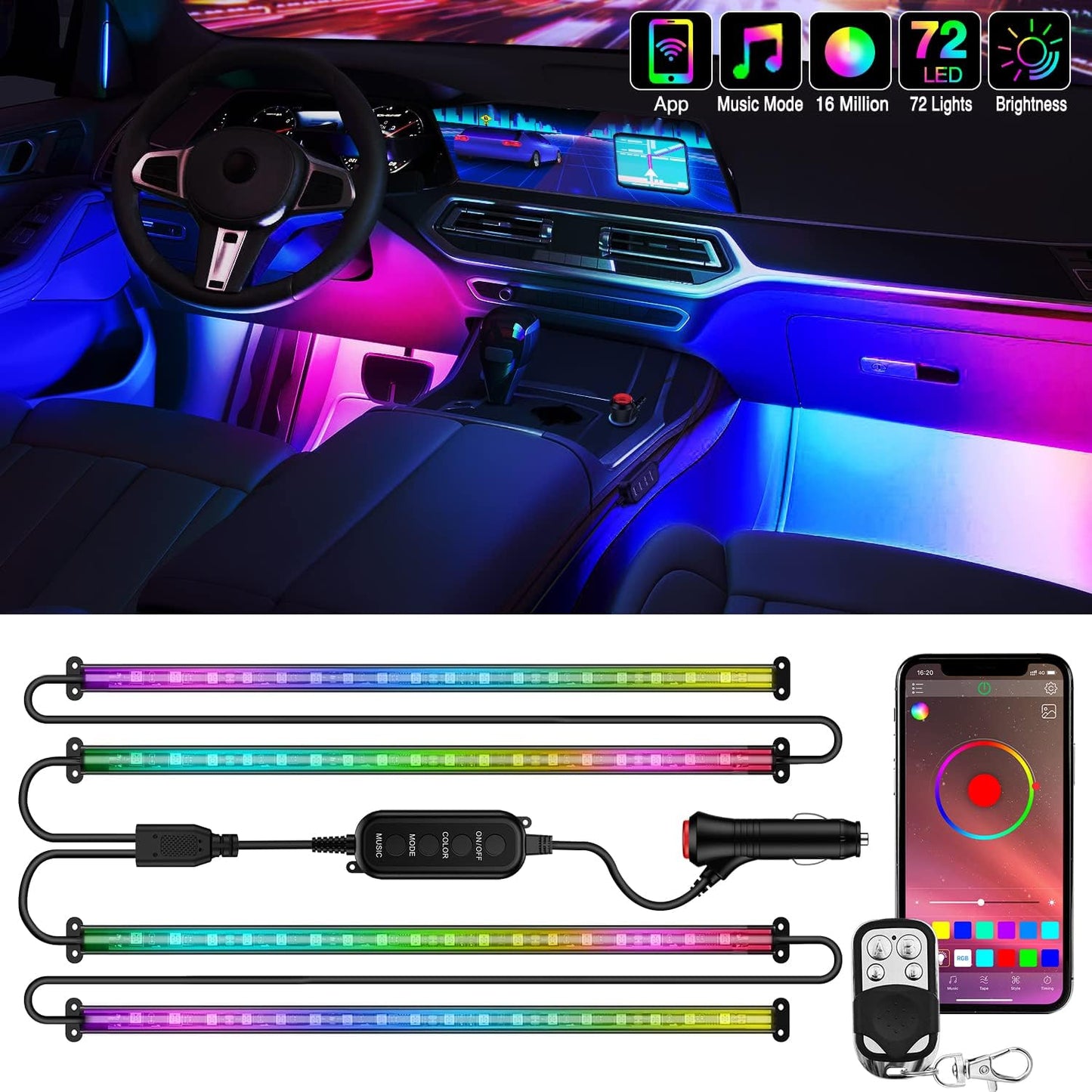 Nilight 72 LED Interior Car Strip Lights with Music Sync Mode
