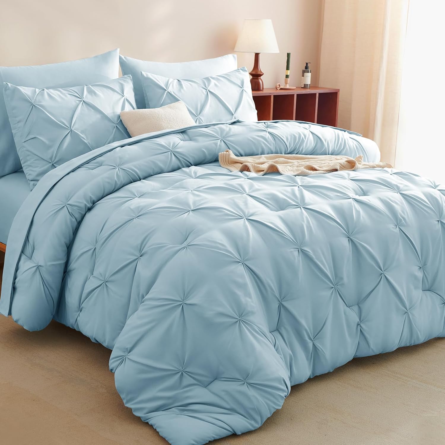 CozyLux Queen Comforter Set Light Blue, 7 Pieces Pintuck Bedding