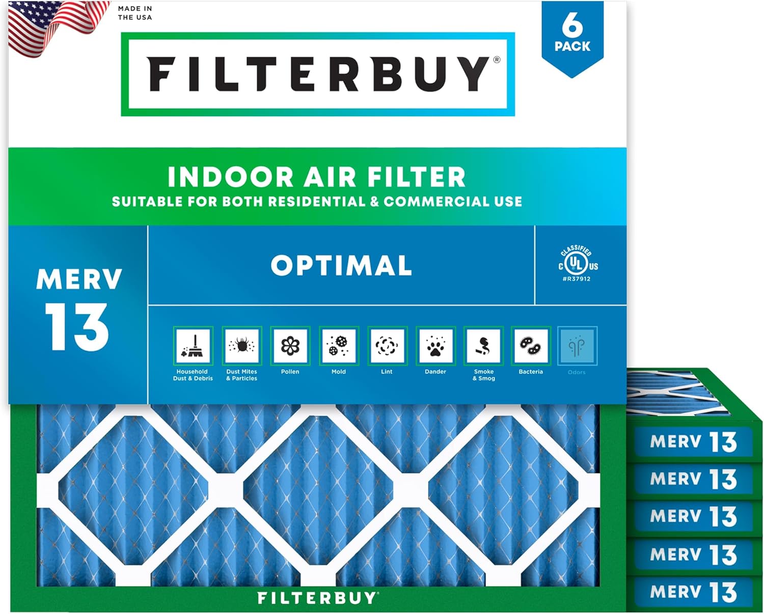 Filterbuy 19x19x1 Air Filter MERV 13 for Smoke and Allergies