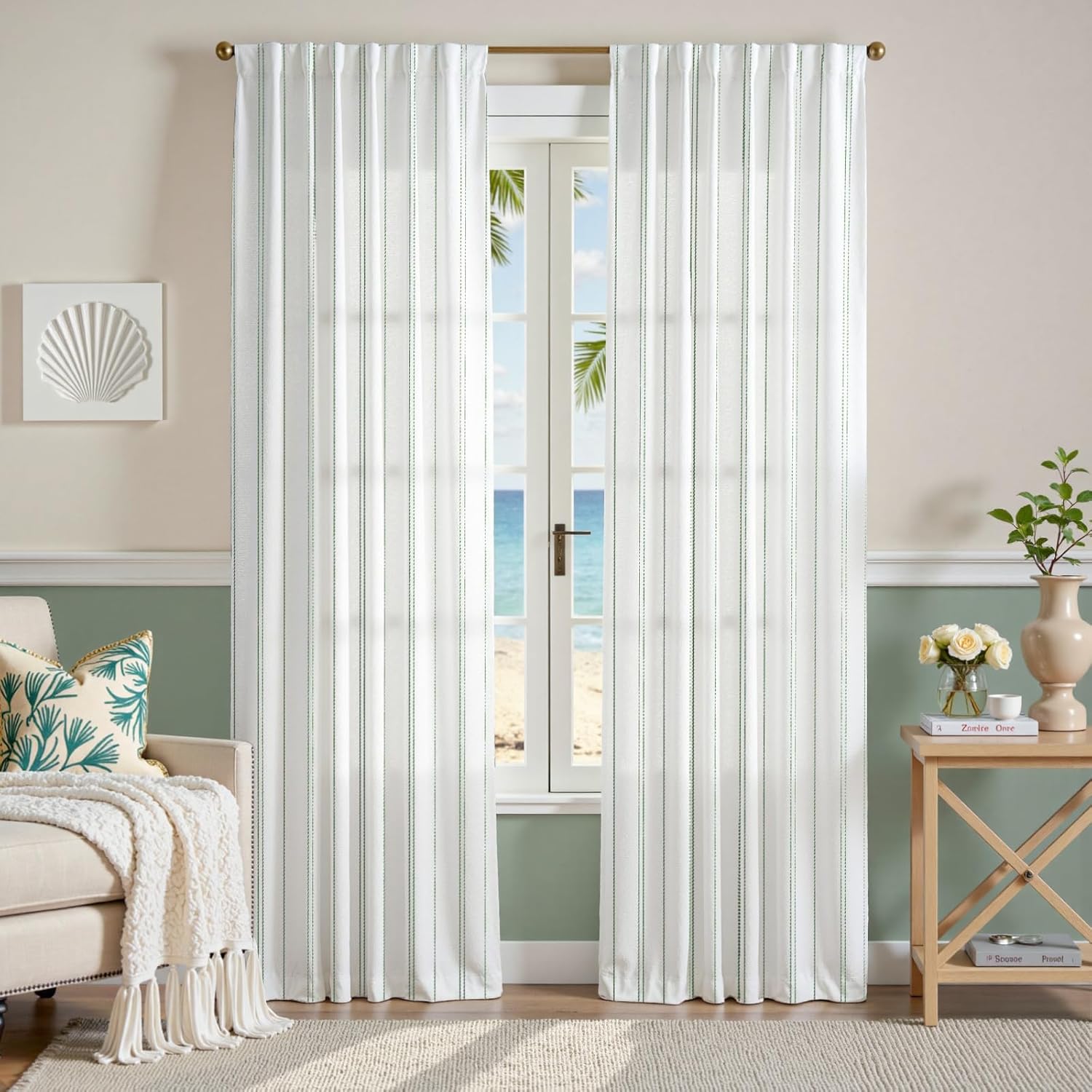 Green and White Striped Curtains for Modern Farmhouse Style