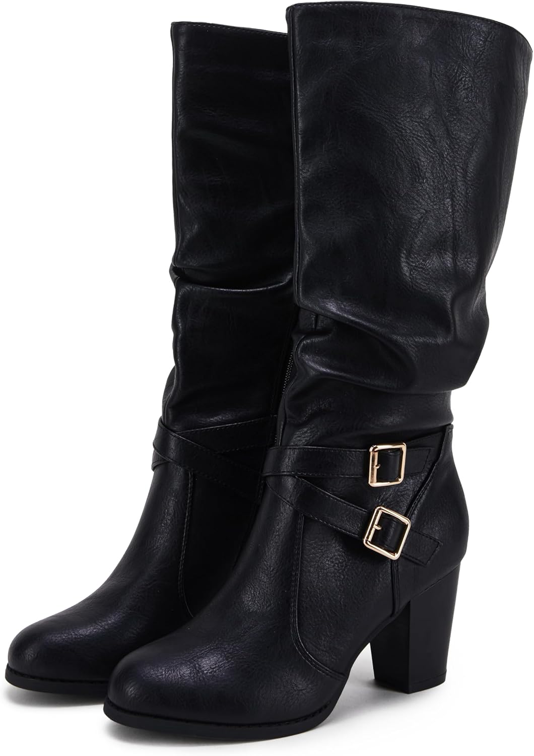 Ermonn Womens Mid Knee High Boots with Chunky Heel and Zipper