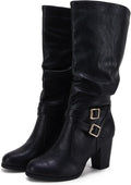 Womens Mid Knee High Chunky Heel Slouchy Boots - Side Zipper Style