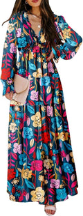 BLENCOT Womens Casual Boho Deep V Neck Long Dress (Style 6TZW)