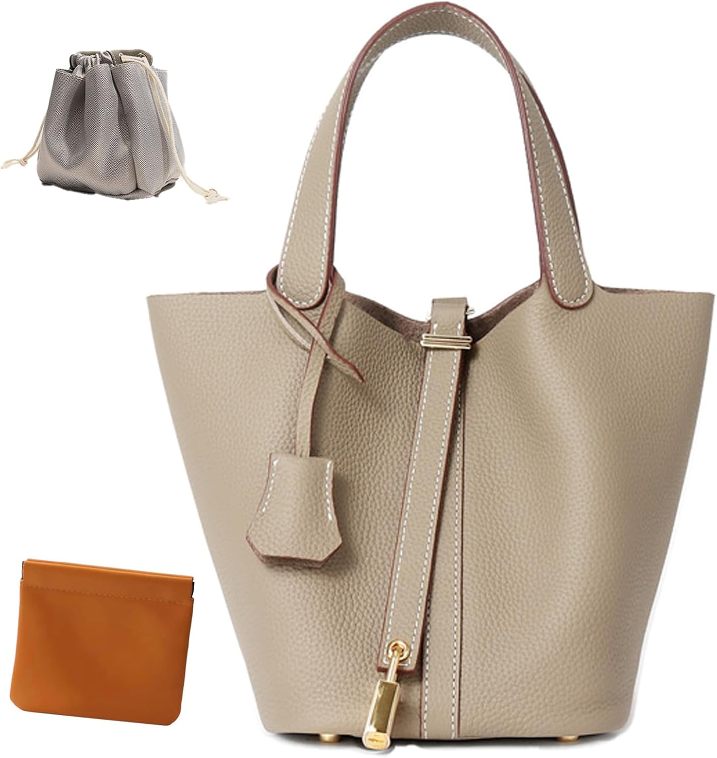 Genuine Leather Lock Design Bucket Bag for Fashion Lovers