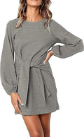 PRETTYGARDEN Long Lantern Sleeve Tie Waist Short Dress - Elegant Knit