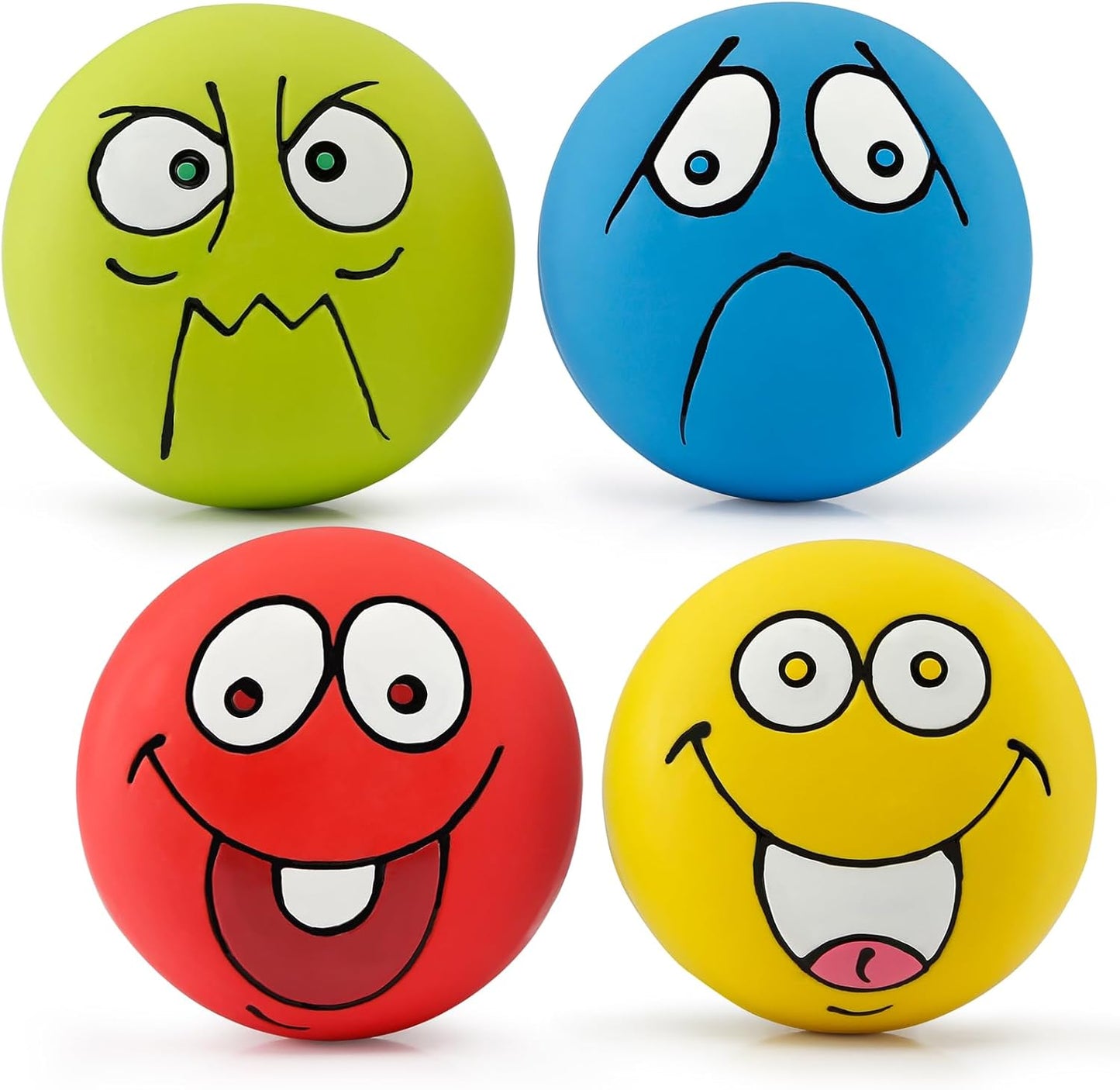 Smiley Face Squeaky Dog Toys 4 Pack - Latex Rubber Balls for Small/Medium Dogs ~ Fun Emoji Design