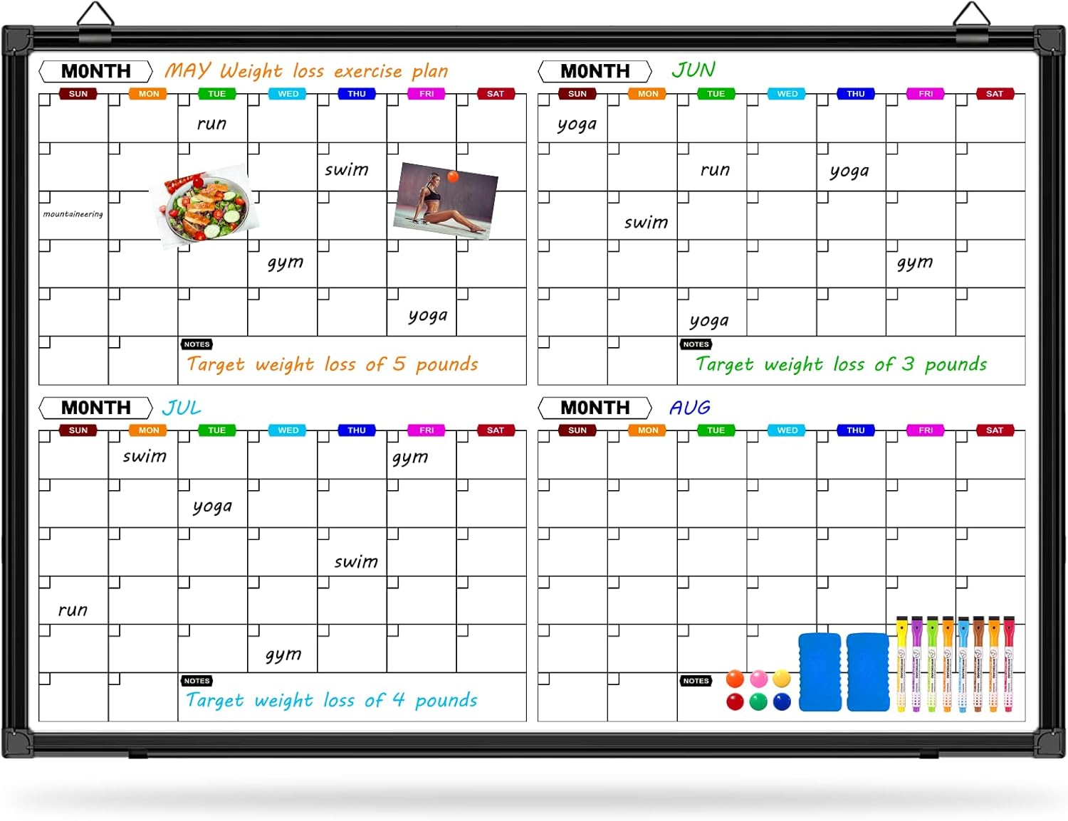 4 Month Dry Erase Calendar for Wall - Magnetic Whiteboard