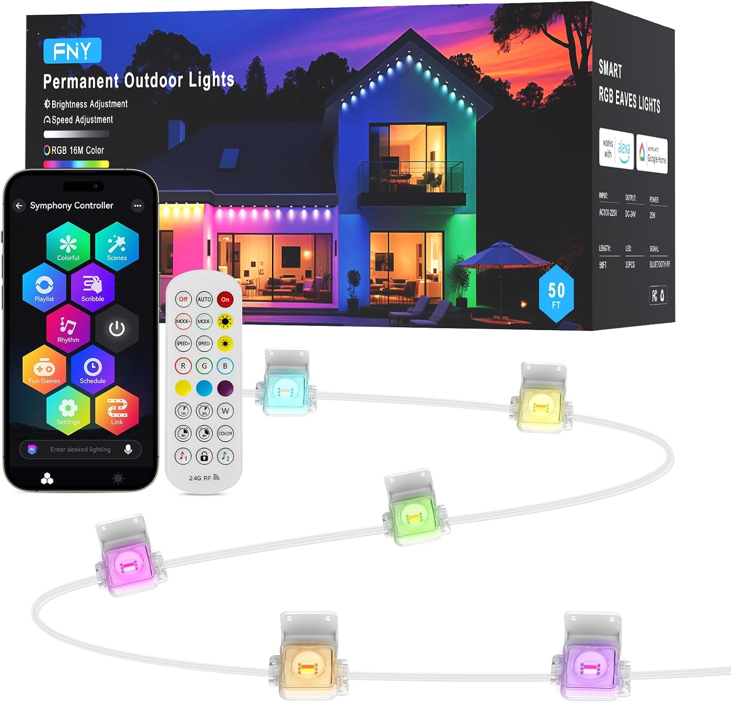 FNY Permanent Outdoor Lights 50ft Smart RGB for Year-Round Decor