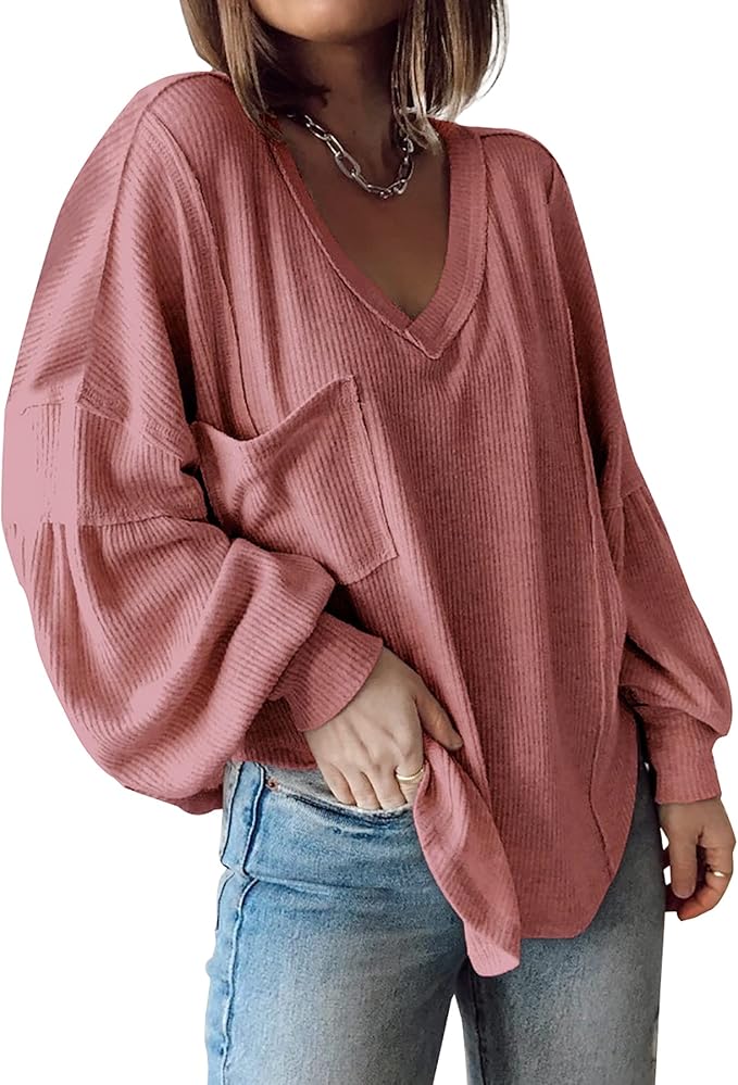 BTFBM Women's Casual V Neck Ribbed Knitted Shirts for Comfort