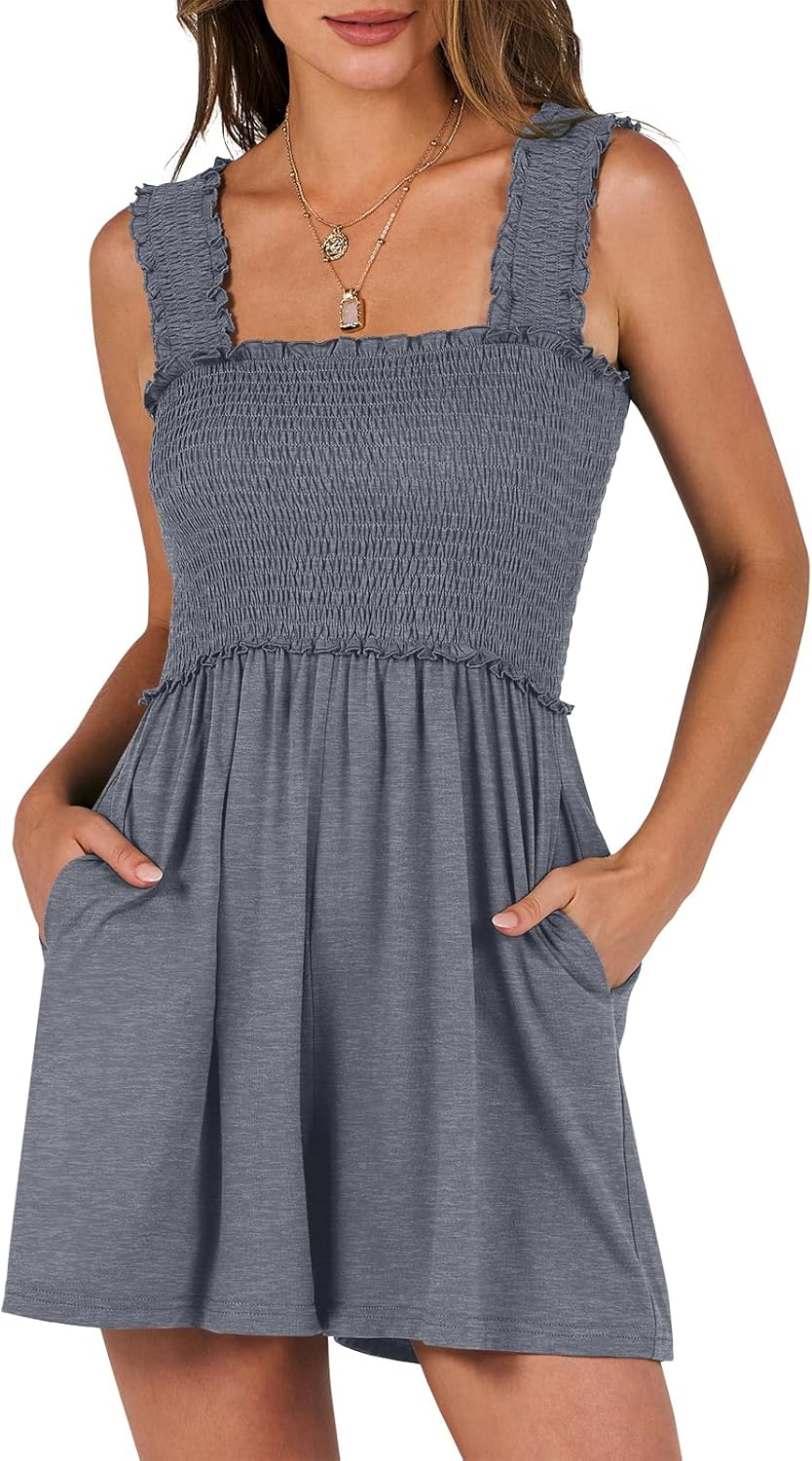 Caracilia Women's Summer Casual Smocked Rompers for Beach Fun