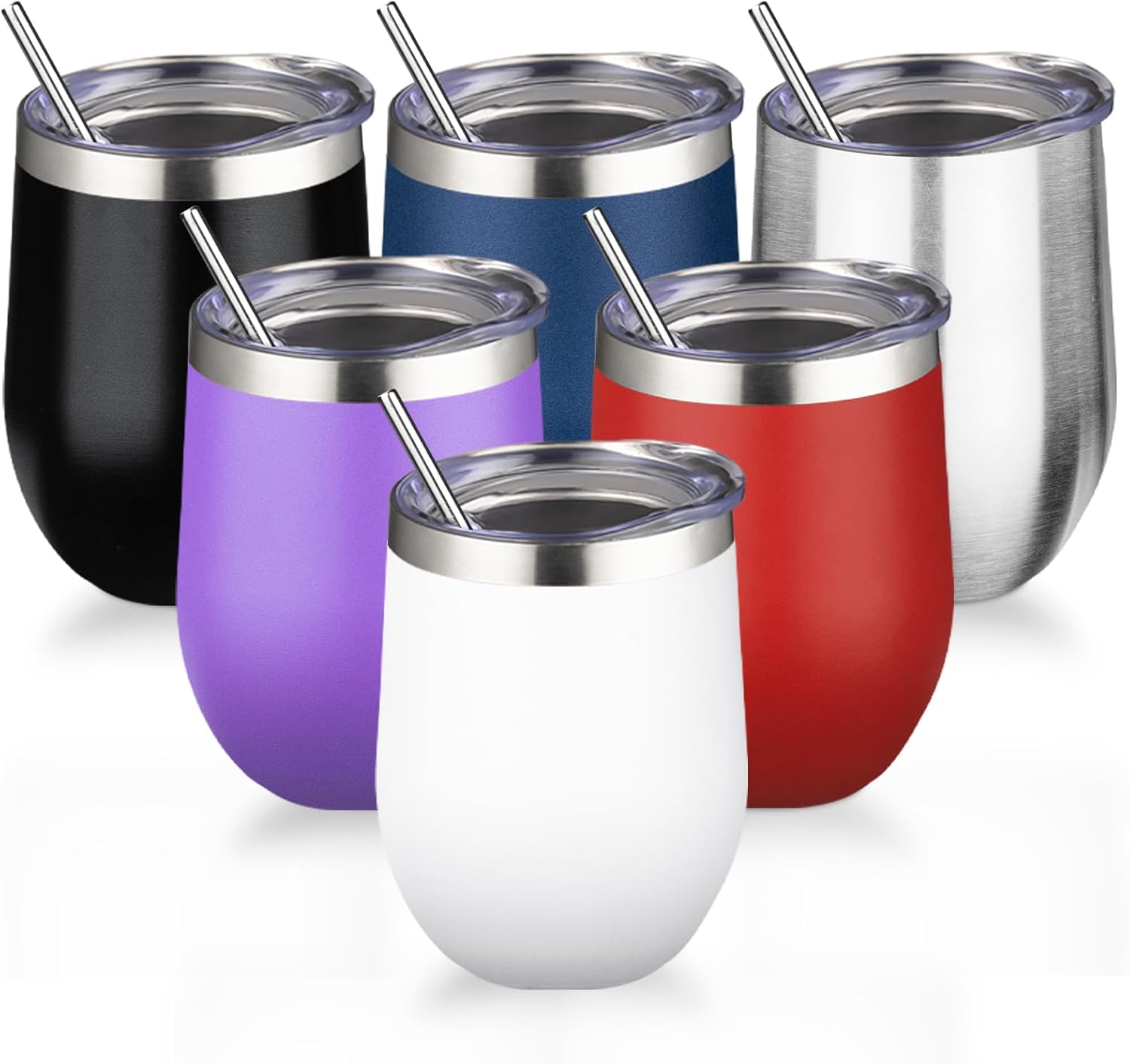 12oz Stainless Steel Wine Tumblers with Lid and Straw Set