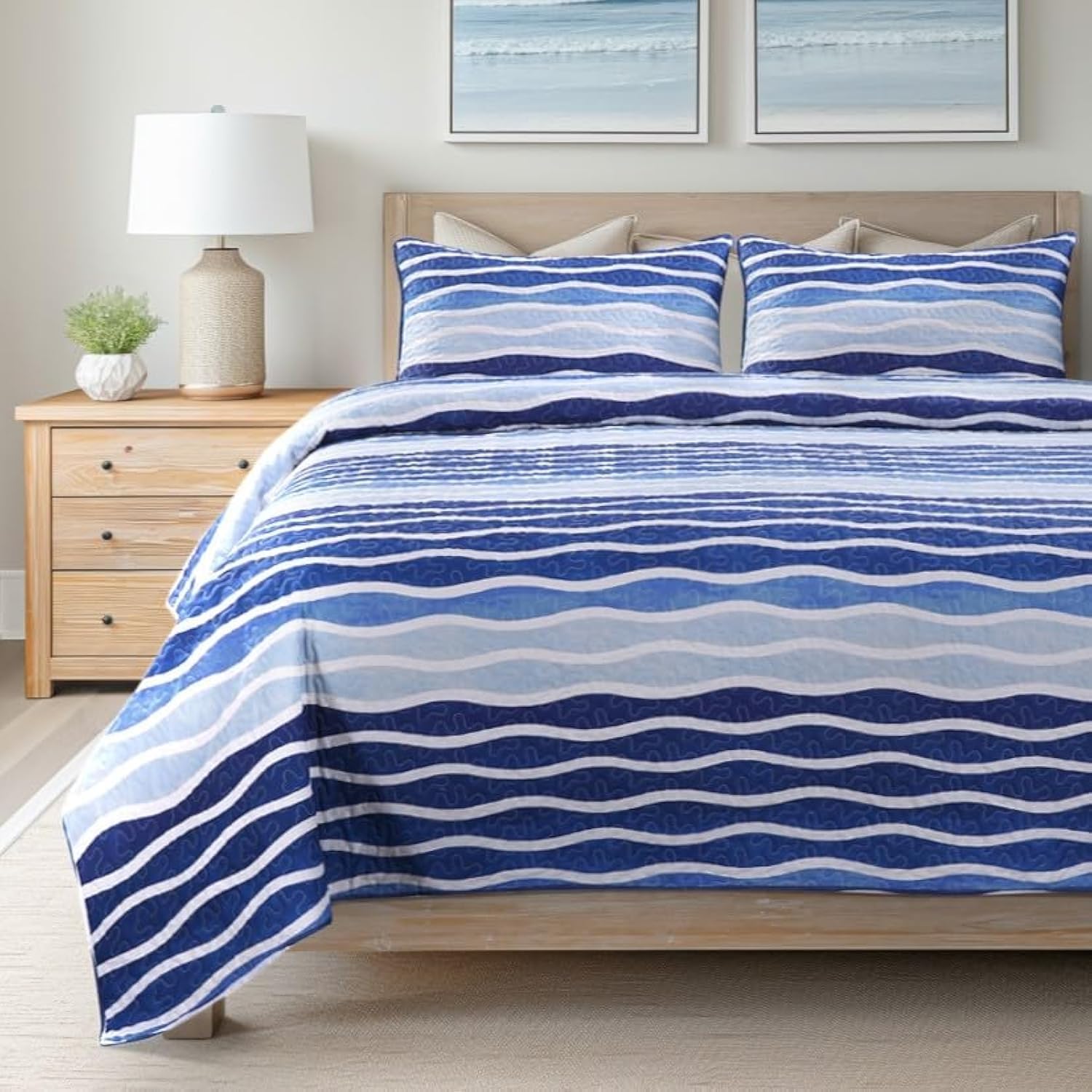 Blue Wave 3-Piece Quilt Set for Queen Size Bedding Style