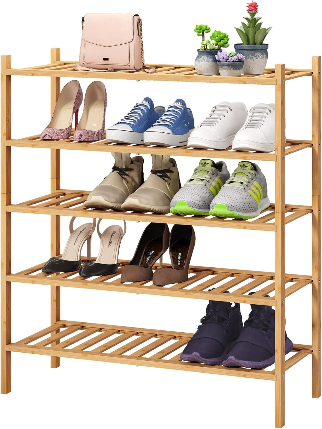 5-Tier Bamboo Shoe Rack for Entryway, Stackable & Foldable