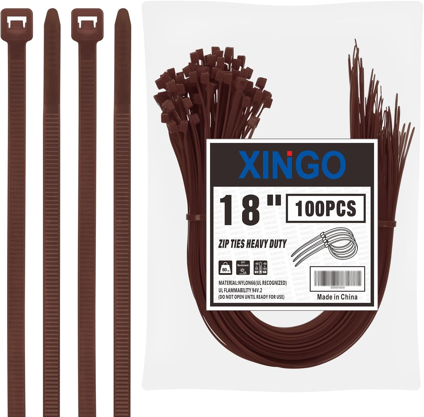 XINGO 18 Heavy Duty Brown Zip Ties (100 Pack) - Strong 60lb Tensile Strength