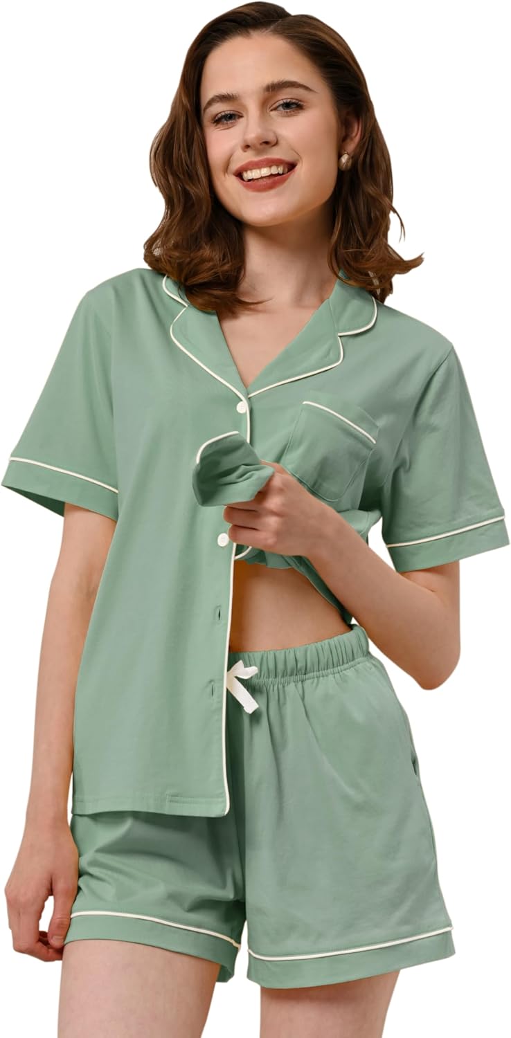 100% Cotton Pajamas for Women - Soft Sleepwear Set with Pockets