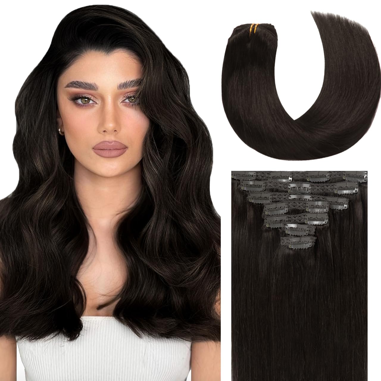 Lacer Clip In Real Human Hair Extensions 20 Inch Darkest Brown