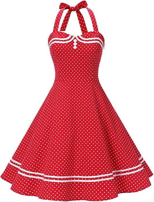 Vintage 50s Polka Dot Halter Cocktail Swing Dress for Women