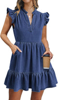 Denim Mini Dress for Women with Ruffle Sleeves and Pockets - Cute